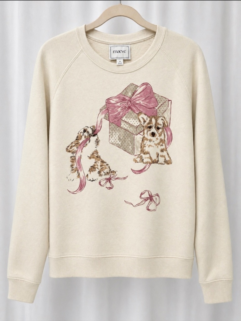 Maeve Anthropologie Sweatshirt Medium Cream Puppy Graphic Bow Gift Cozy - Picture 2 of 6